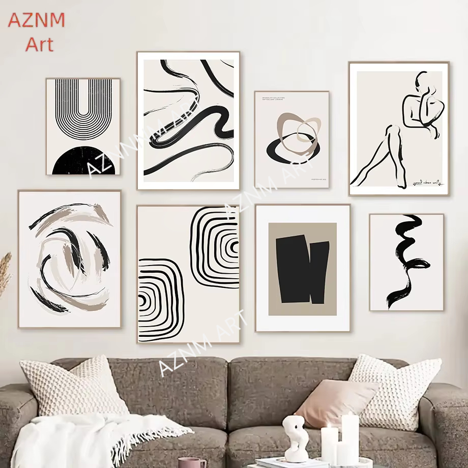 Home Decor Minimal - Nordic Bohemian Line Art Black Beige