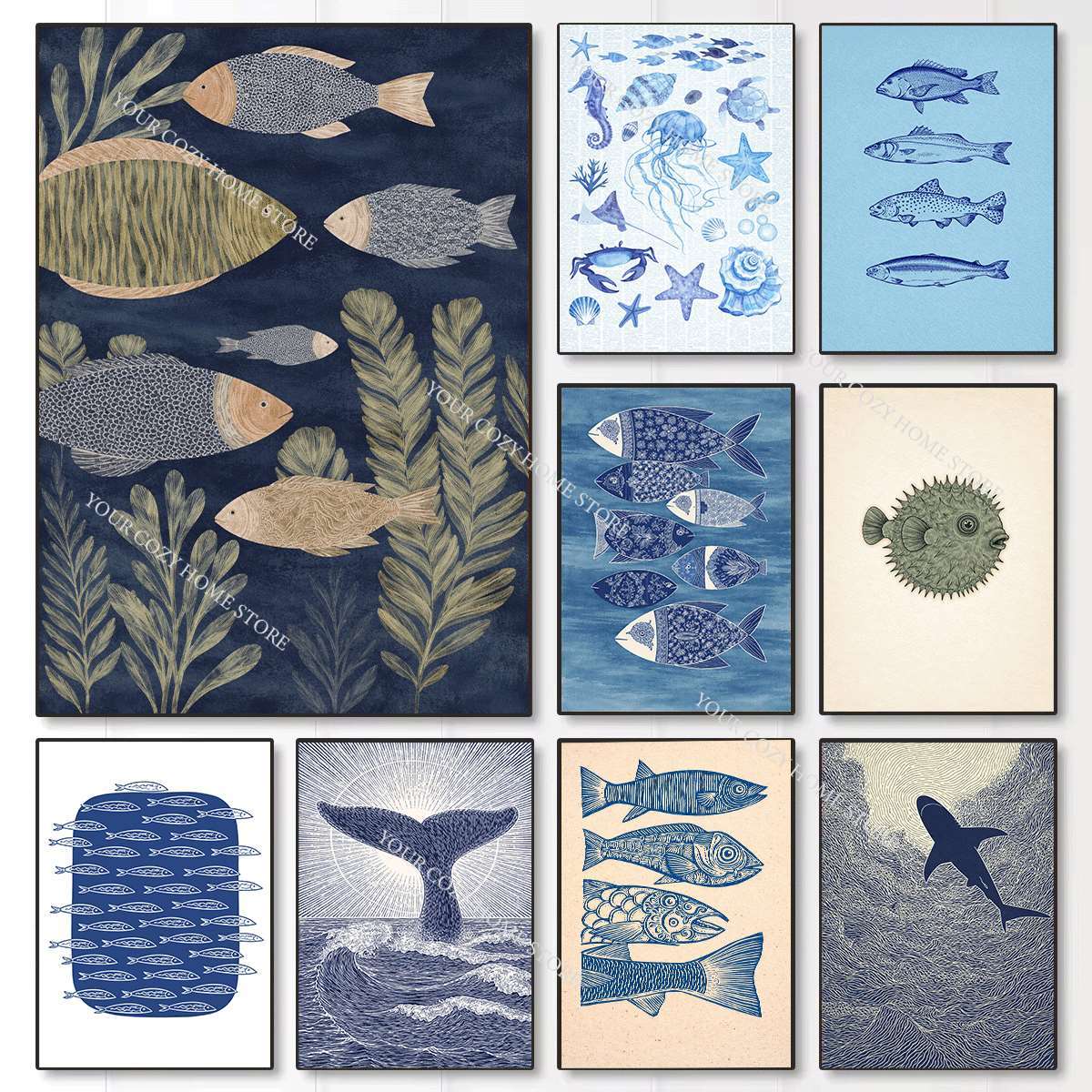 Home Decor Minimal - Minimalist Nautical Fish and Waves Art