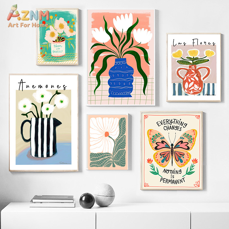 AZNM Boho Floral Canvas Wall A - Home Decor Vase With Flowers ulasan dan harga